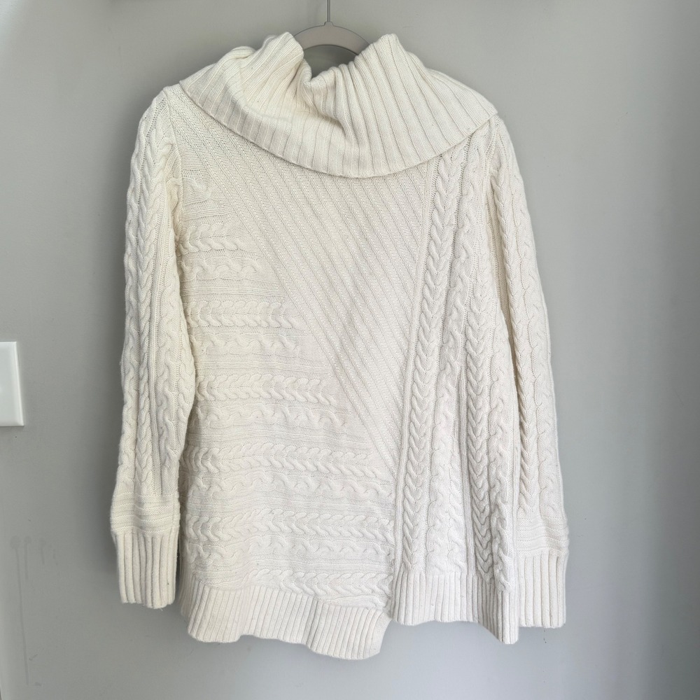 L.L. Bean Sweater Cream Cable Knit Turtleneck Fisherman Cotton Wool Blend Large